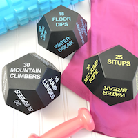 fitness dice with options including "25 situps", "water break", and "15 floor dips"