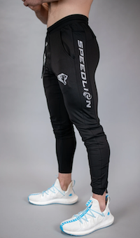 a pair of mens joggers in black with speedlion logo