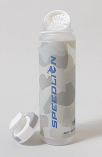 gray camo water bottle with speedlion brand name and tea diffuser attachment